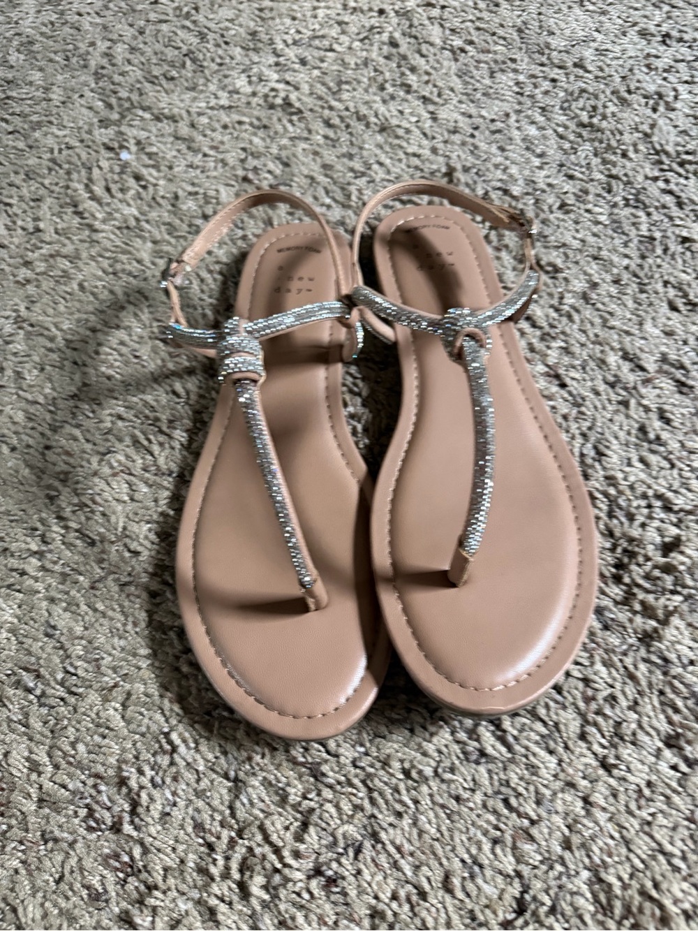 a new day Nude T‑Strap Sandals with Sparkling Silver Accents